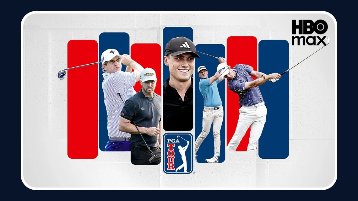 En officiell HBO Max-poster för PGA Tour med flera golfspelare i olika slagpositioner framför en bakgrund i rött, blått och vitt, med PGA Tour-loggan i mitten.