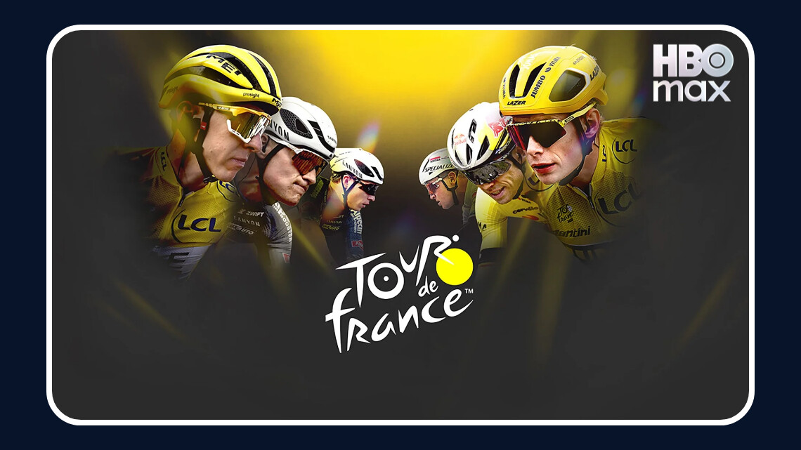 En HBO Max-bild för Tour de France där cyklister i gula tävlingsdräkter och hjälmar syns i närbild på en mörk bakgrund med gult ljus, samt tävlingens officiella logga i centrum.