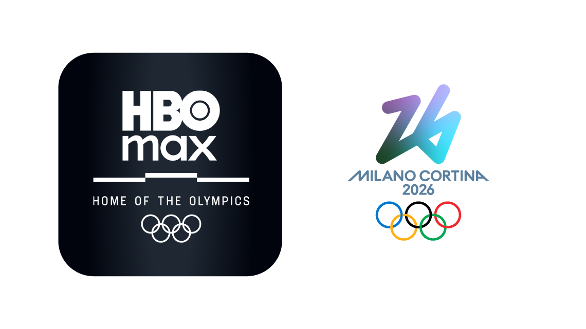 HBO Max‑logotyp med texten ”Home of the Olympics” bredvid Milano Cortina 2026‑logotypen och de olympiska ringarna.
