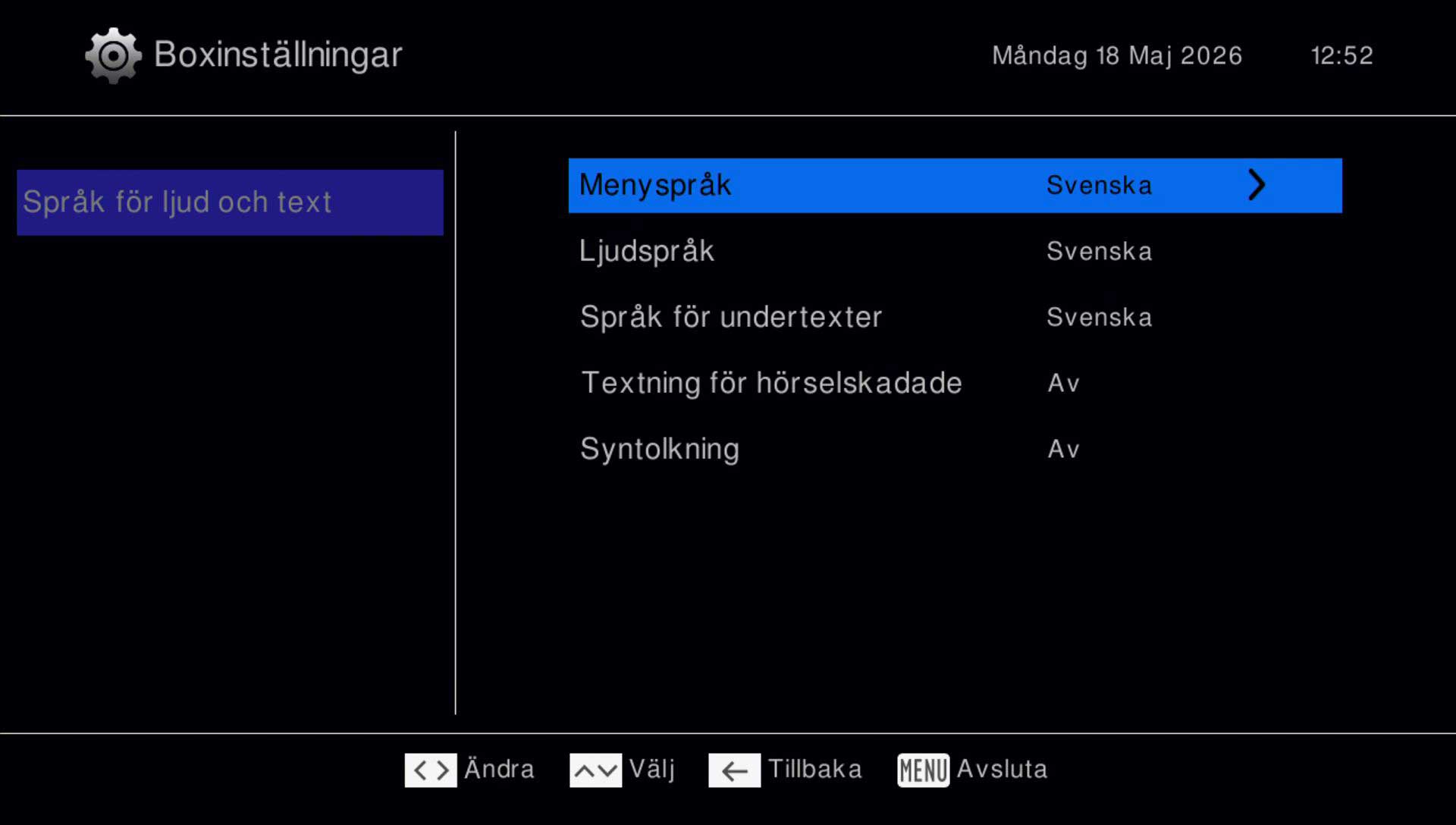 Språk för ljud och text undermeny