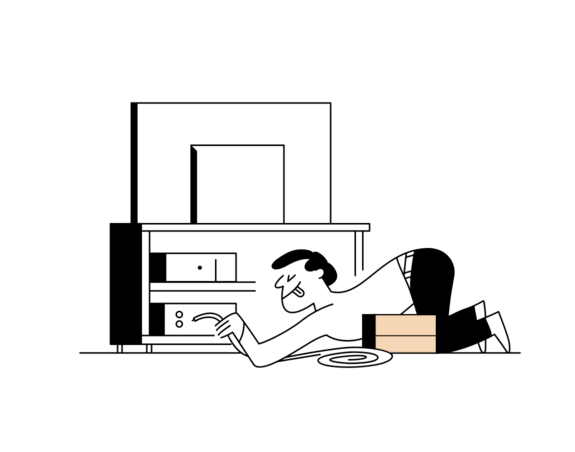 Illustration of a man putting a cable in his TV decoder